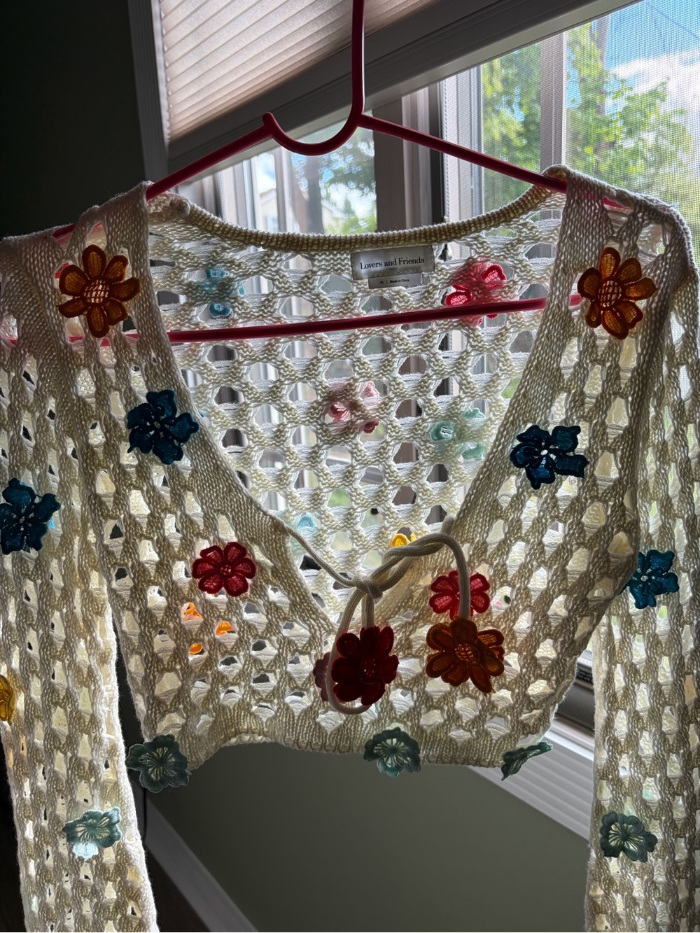 Lovers + Friends Cream Crochet Crop Top with Multicolor Floral Appliques